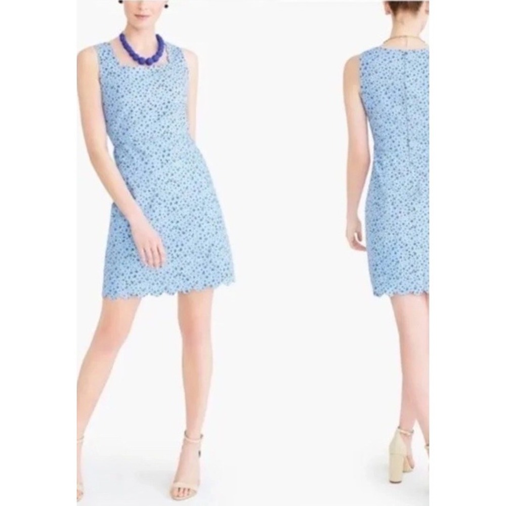 J Crew Blue Floral Tweed Sleeveless Scalloped Scoop Neck Sheath Dress‎ Size 6